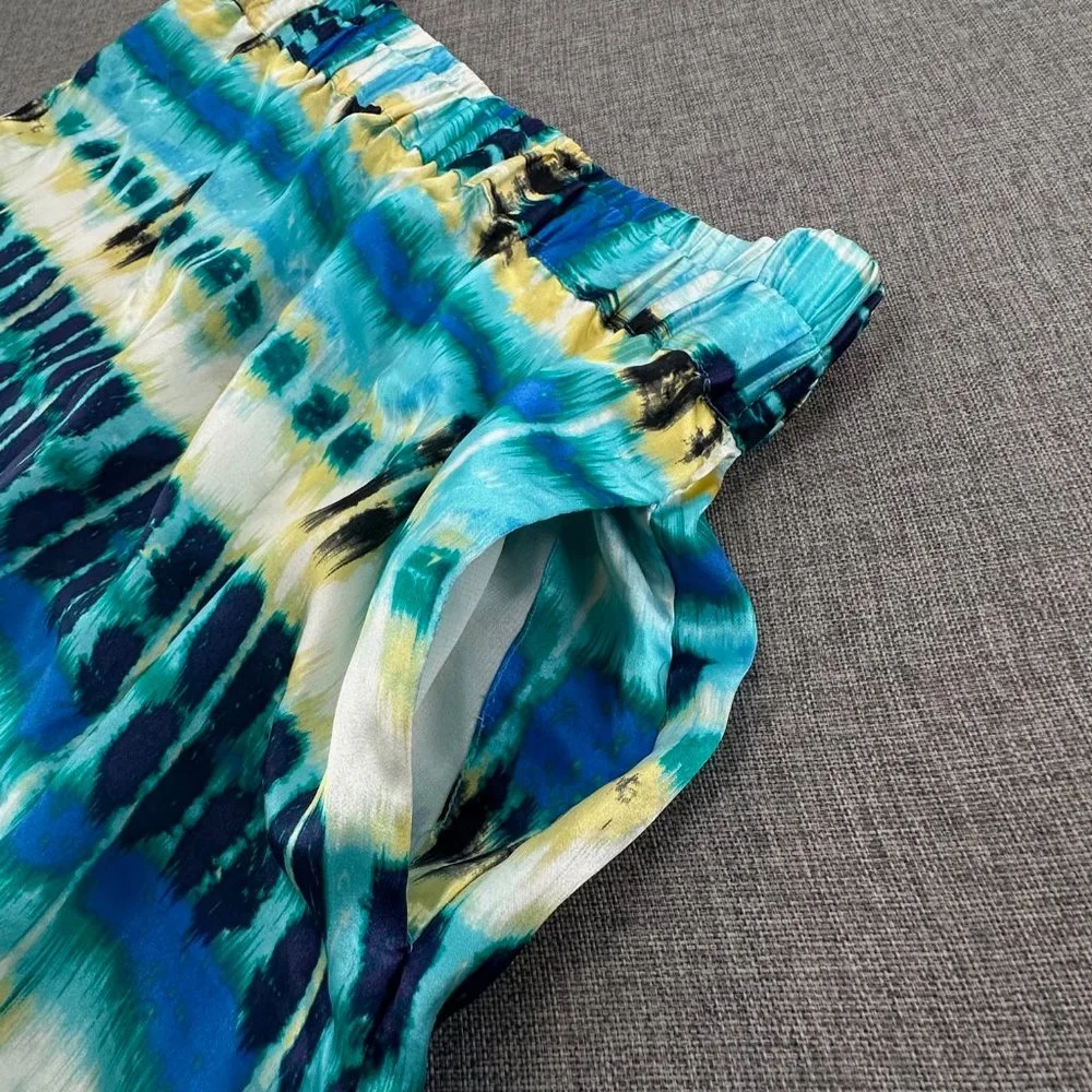 Banana Republic Silk Skirt Pullover Elastic Waist Sz 14 Yellow Blue White Pocket